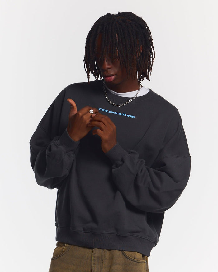 COSMOS ARC CREWNECK INDIA INK - dark navy oversized crewneck sweatshirt, front view on male model - Cold Culture #man