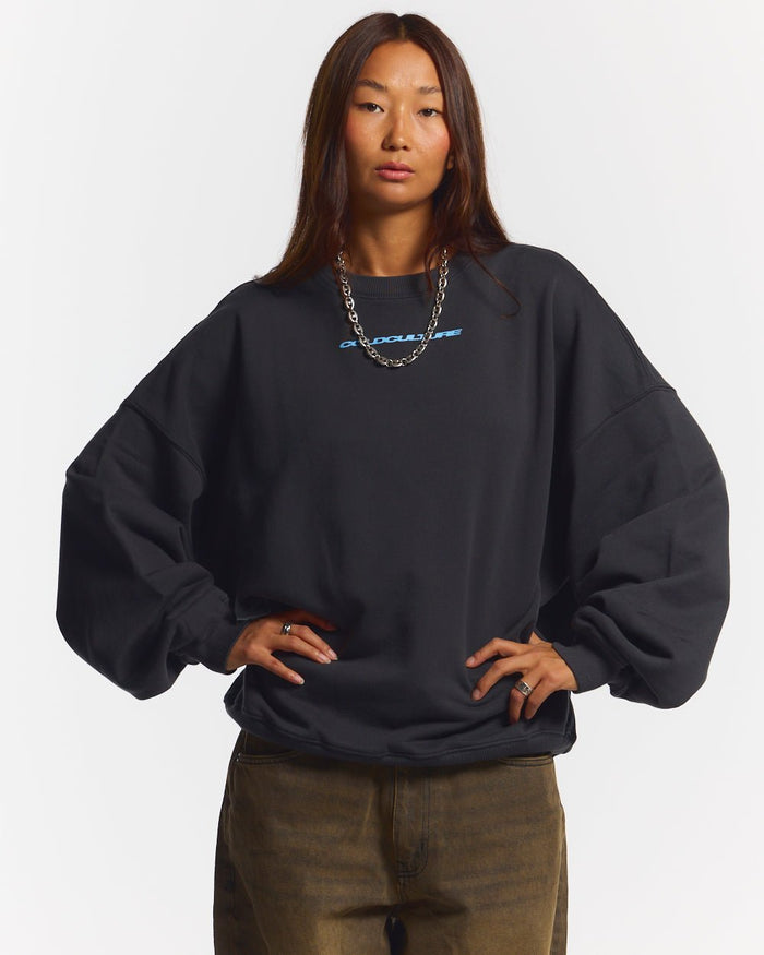 COSMOS ARC CREWNECK INDIA INK - dark navy oversized crewneck sweatshirt, front view on female model - Cold Culture #woman
