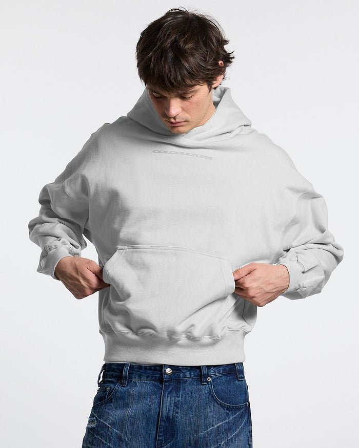 COSMOS ARC HOODIE LIGHT GREY - light grey oversized hoodie, front view on male model - Cold Culture #man