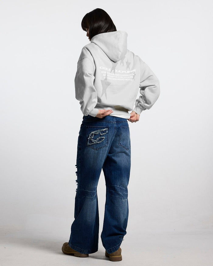 COSMOS ARC HOODIE LIGHT GREY - light grey oversized hoodie, back view on female model - Cold Culture