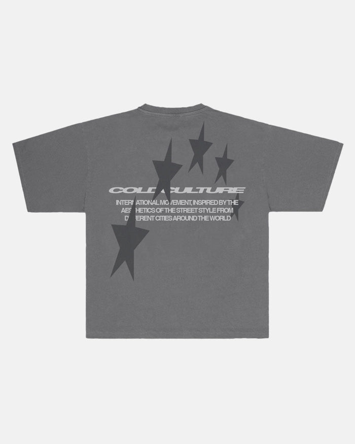 COSMOS ARC TEE SMOKEY GREY - washed grey oversized tee, back view - Cold Culture