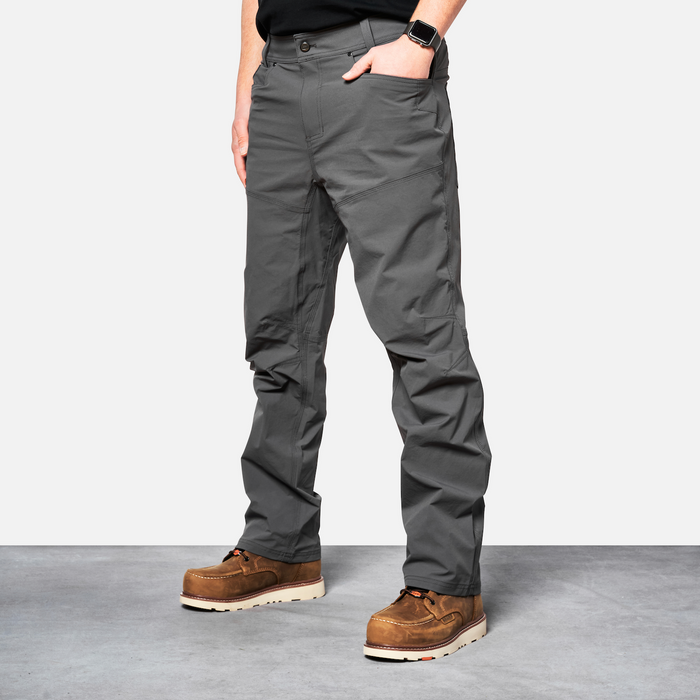 45 degree angle of front left side of BRUNT water-resistant lightweight breathable costello work pant in charcoal