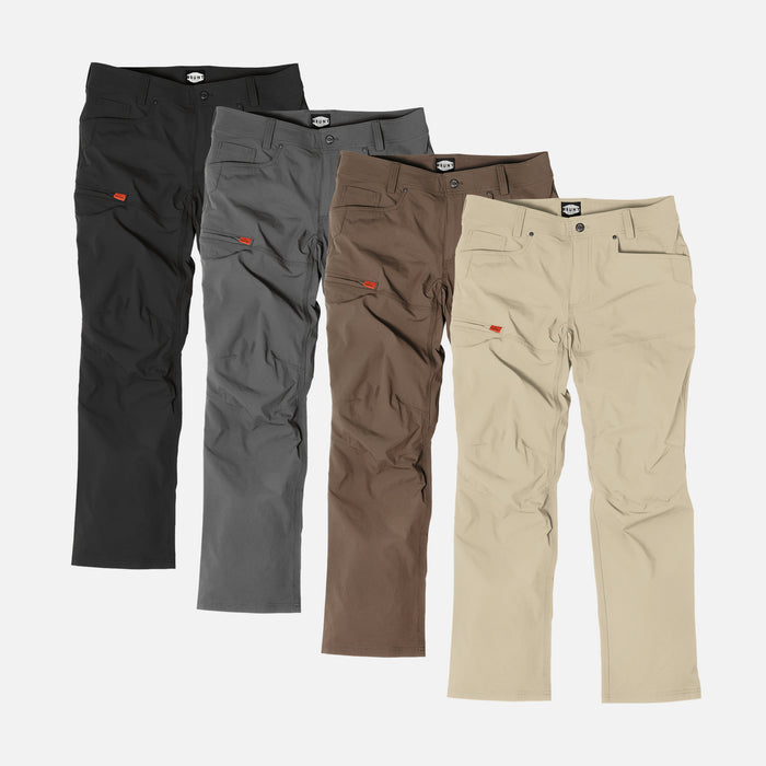 Four BRUNT water-resistant lightweight breathable costello work pant in black, charcoal, brown and khaki
