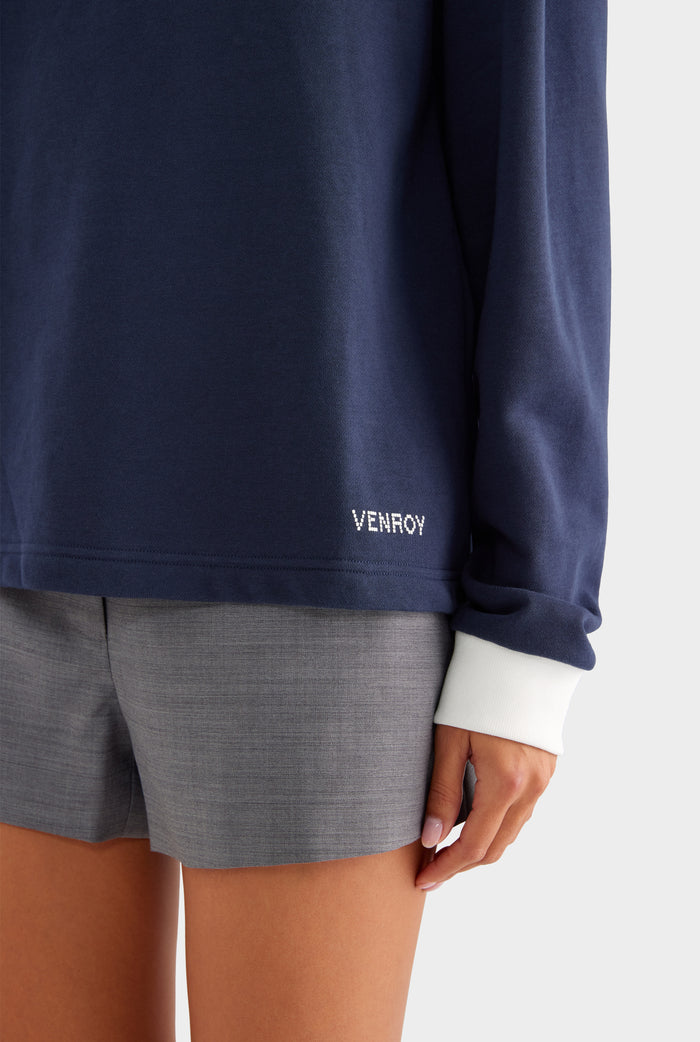 Cotton Long Sleeve Polo - Navy/Marseille Doily - XS