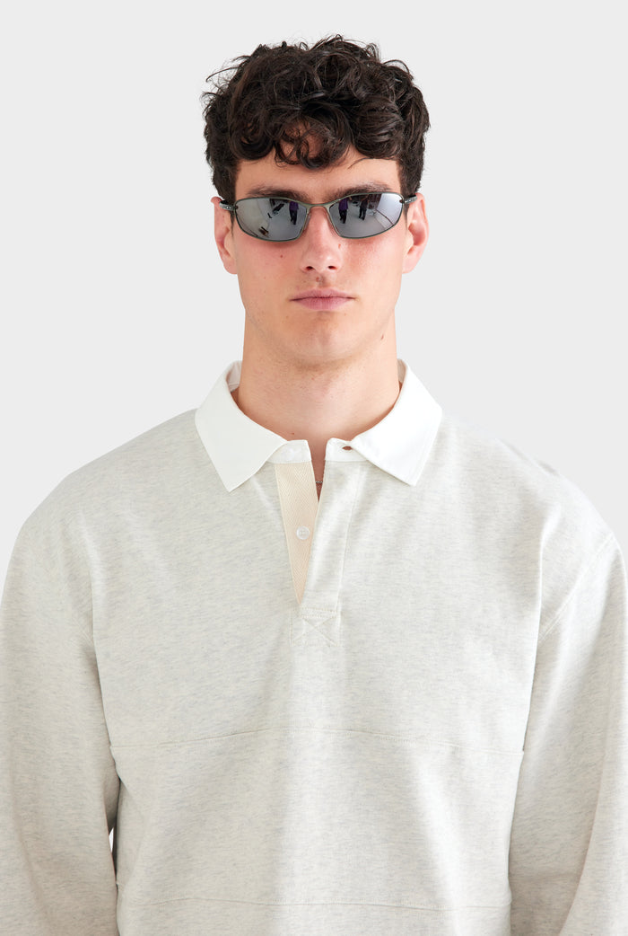 Cotton Long Sleeve Rugby Polo - Grey Marl/White
