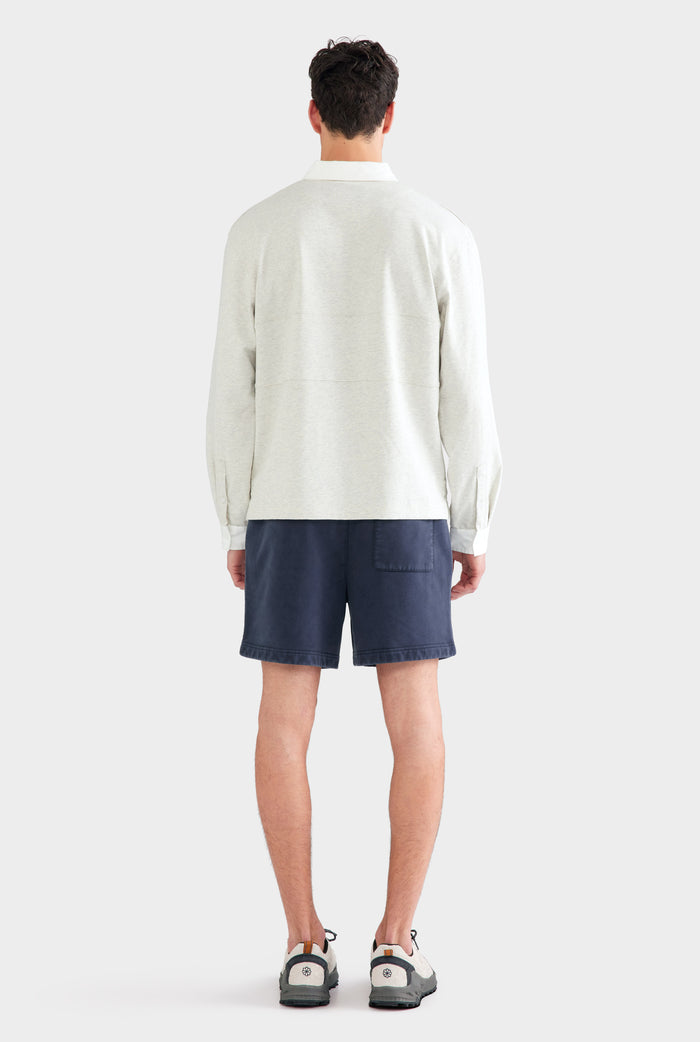 Cotton Long Sleeve Rugby Polo - Grey Marl/White