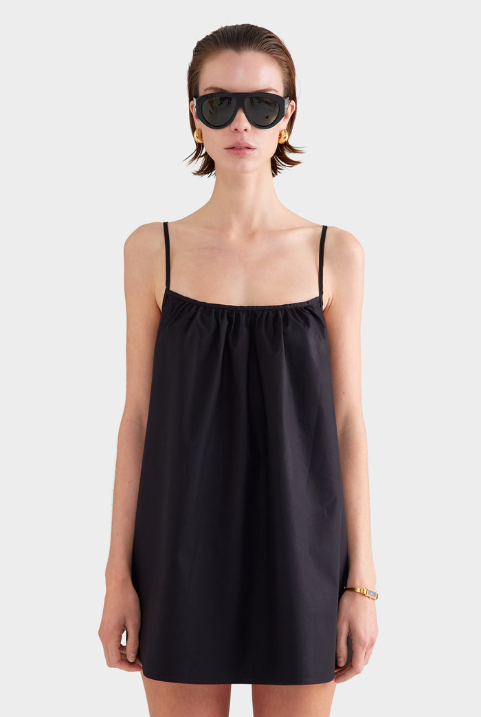 Cotton Poplin A-Line Mini Dress - Black