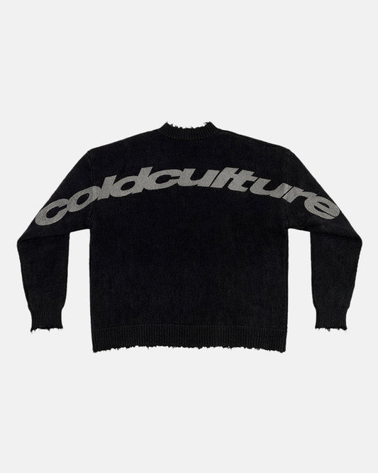 COZY CURVED KNITWEAR BLACK - black distressed knit sweater, back view - Cold Culture