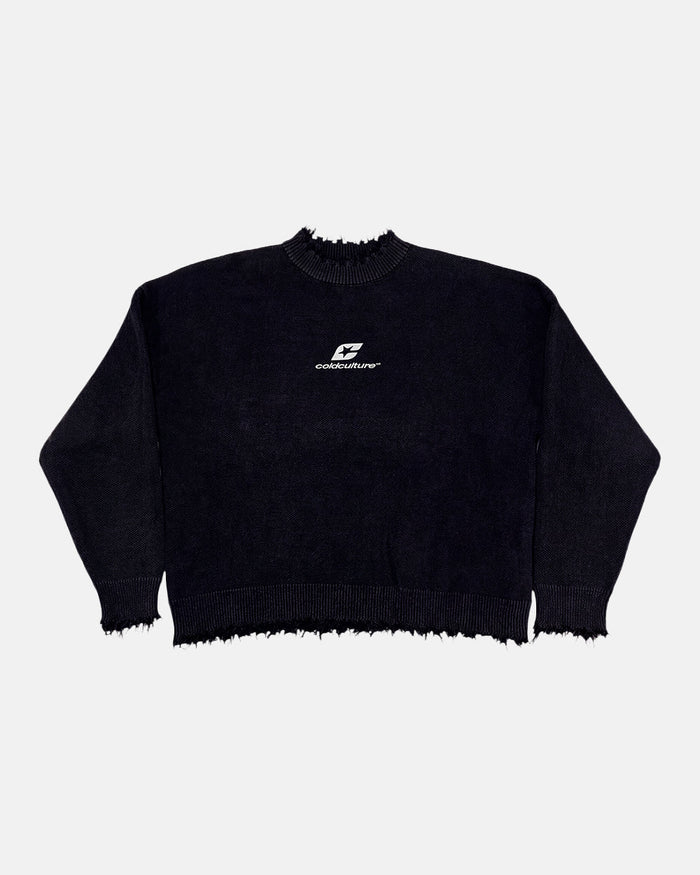 COZY CURVED KNITWEAR BLACK - black distressed knit sweater, front view - Cold Culture