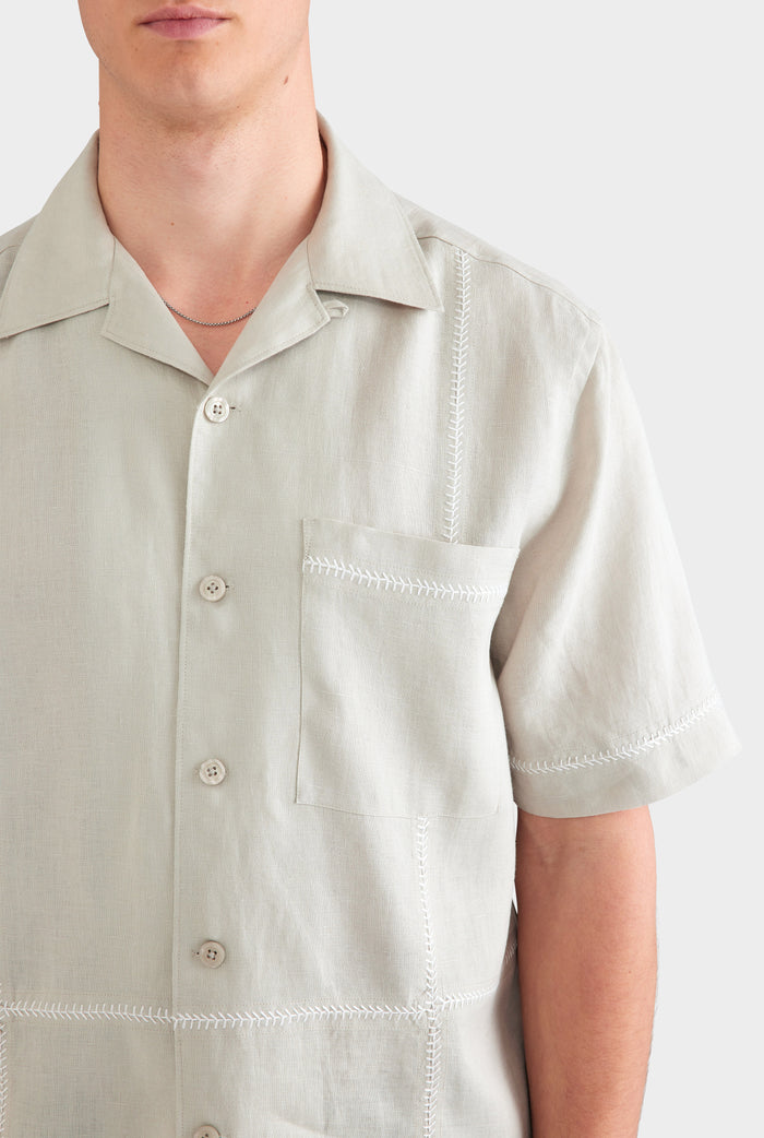 Crochet Stitch Linen Camp Collar Shirt - Fog/White