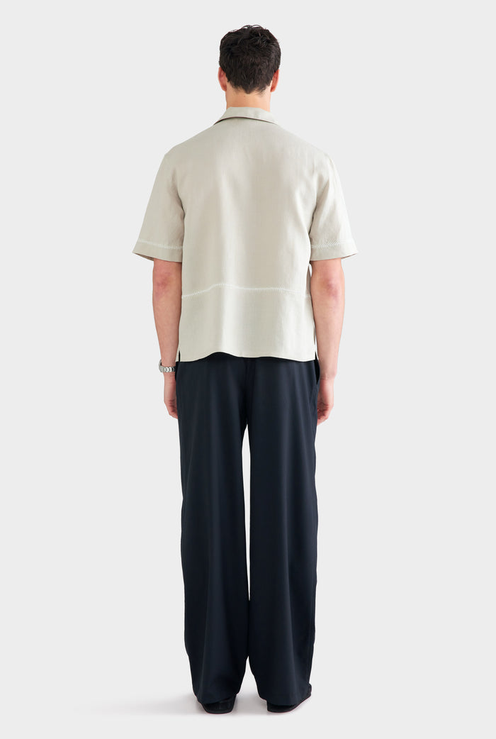 Crochet Stitch Linen Camp Collar Shirt - Fog/White