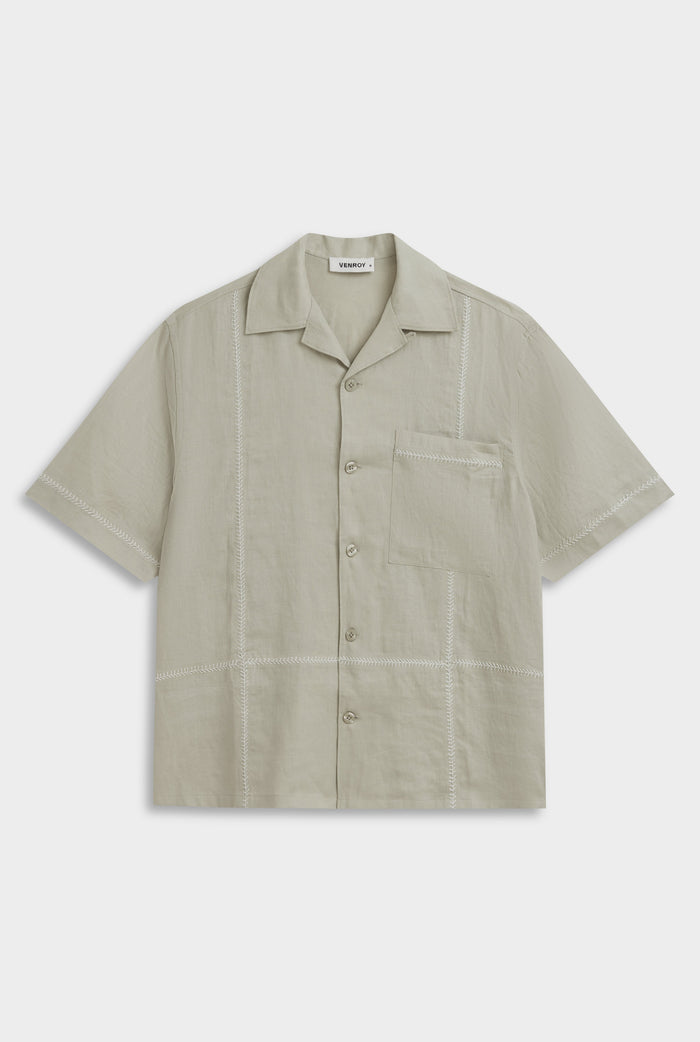 Venroy Crochet Stitch Linen Camp Collar Shirt - Fog/White