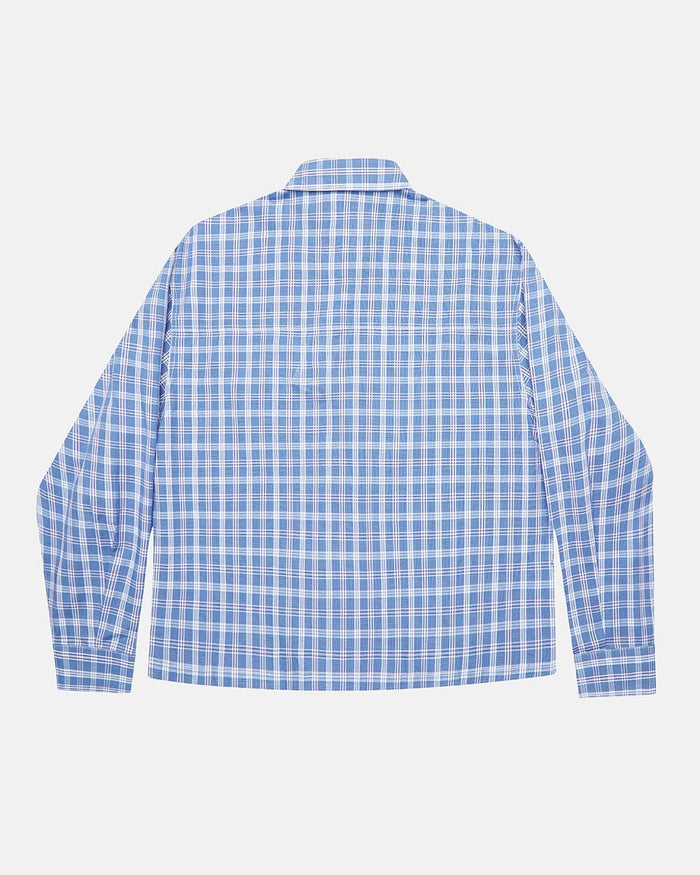 CROSS SHIRT BLUE - blue plaid long sleeve shirt, back view - Cold Culture