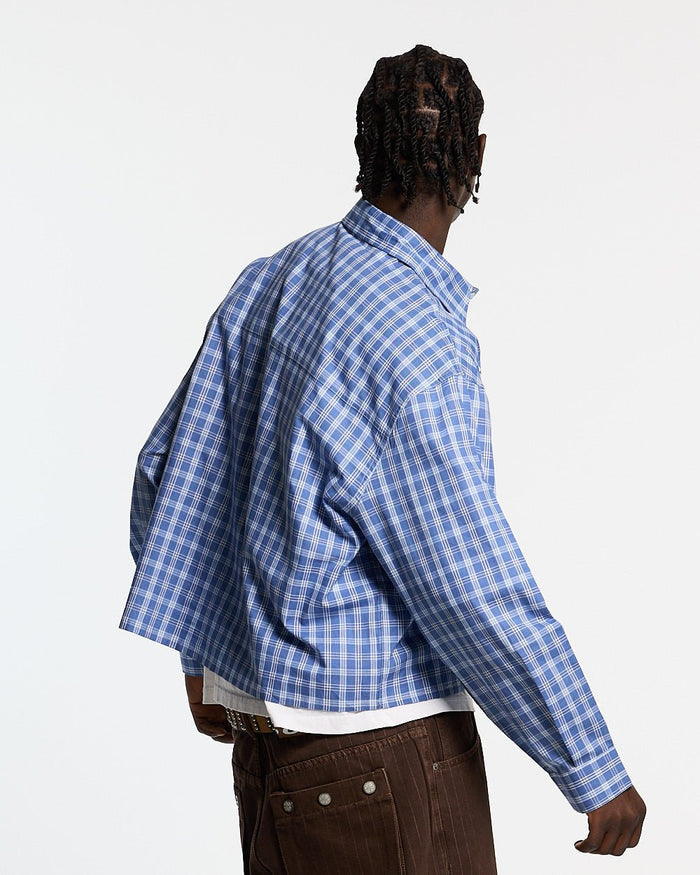 CROSS SHIRT BLUE - blue plaid long sleeve shirt, back view on male model - Cold Culture #man
