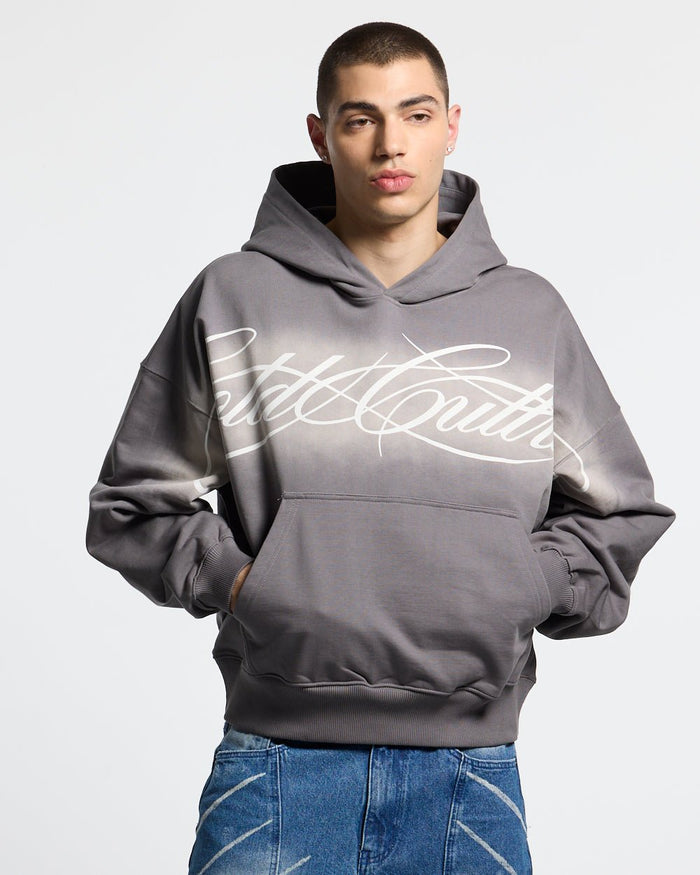 CROSSED SCRIPT HOODIE GREY - grey script print hoodie, front view on male model - Cold Culture #man