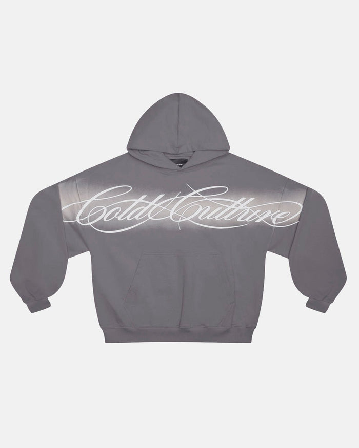 CROSSED SCRIPT HOODIE GREY - grey script print hoodie, front view - Cold Culture