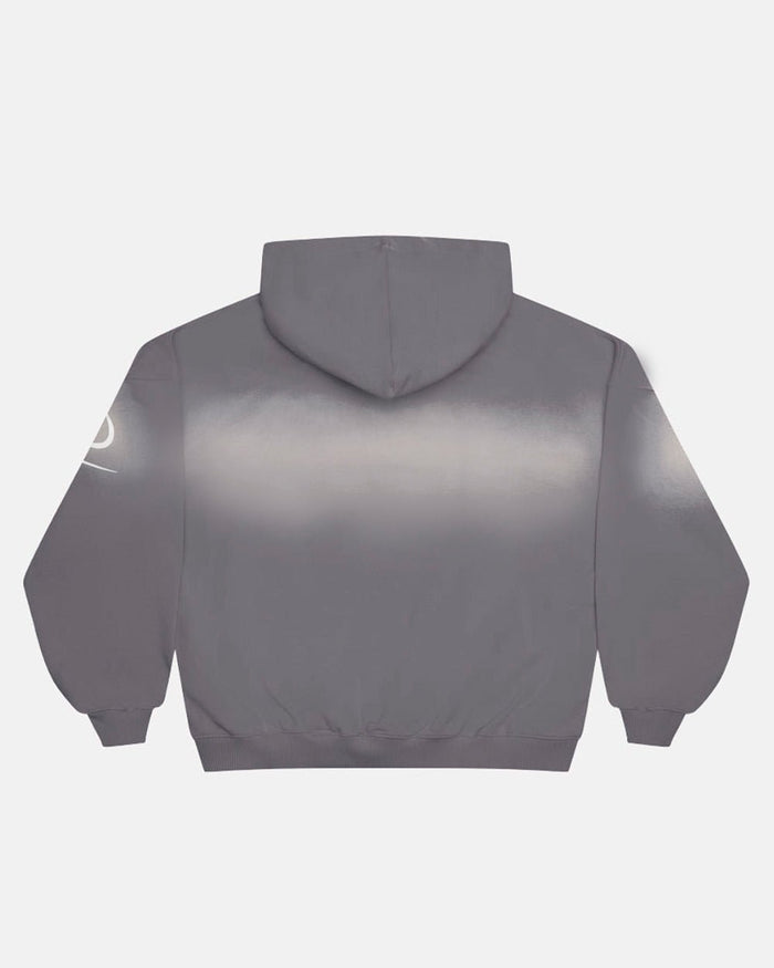 CROSSED SCRIPT HOODIE GREY - grey script print hoodie, back view - Cold Culture
