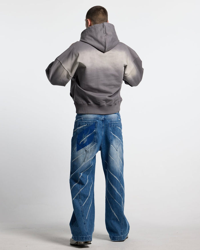 CROSSED SCRIPT HOODIE GREY - grey script print hoodie, back view on male model - Cold Culture #man