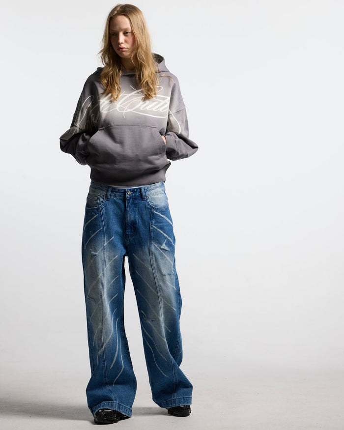 CROSSED SCRIPT HOODIE GREY - grey script print hoodie, front view on female model - Cold Culture #woman