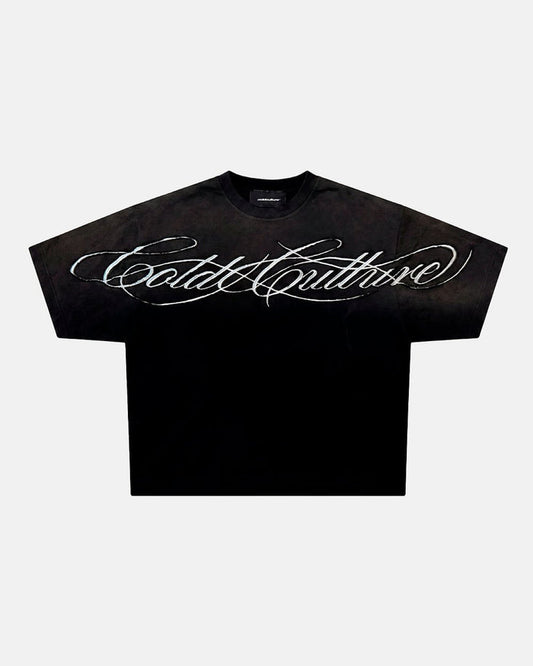 CROSSED SCRIPT TEE 2.0 BLACK - washed black script print tee, front view - Cold Culture