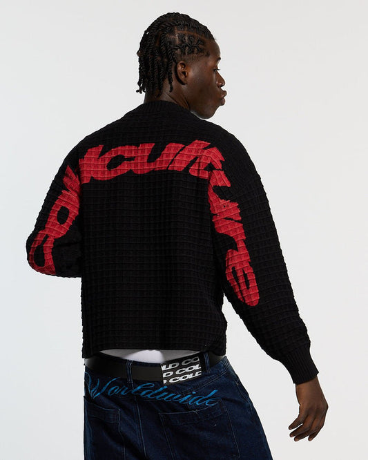 CRUNCHY WAFFLE KNIT BLACK - black waffle knit sweater, back view on male model - Cold Culture #man