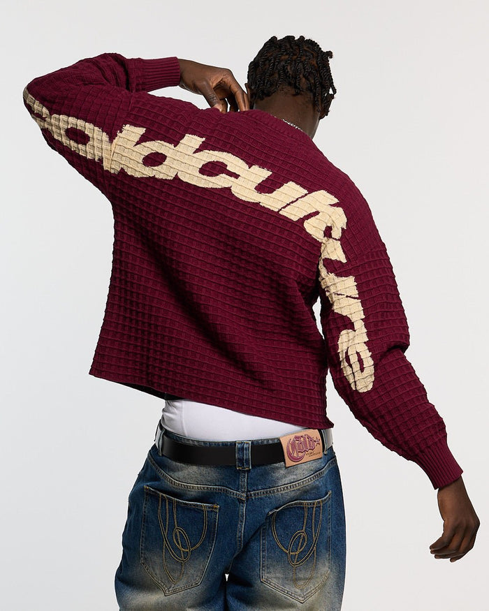 CRUNCHY WAFFLE KNIT BURGUNDY - burgundy waffle knit sweater, back view on male model - Cold Culture #man
