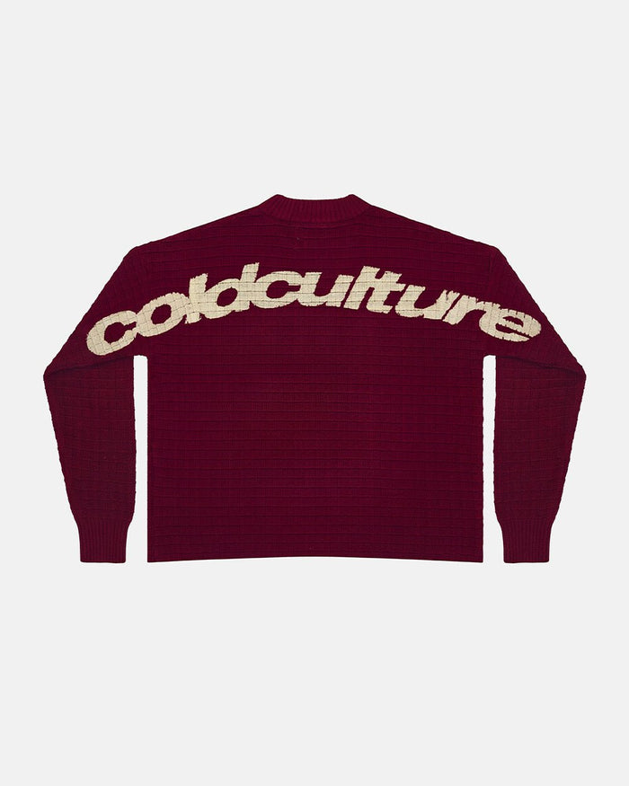CRUNCHY WAFFLE KNIT BURGUNDY - burgundy waffle knit sweater, back view - Cold Culture