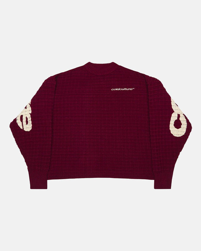 CRUNCHY WAFFLE KNIT BURGUNDY - burgundy waffle knit sweater, front view - Cold Culture