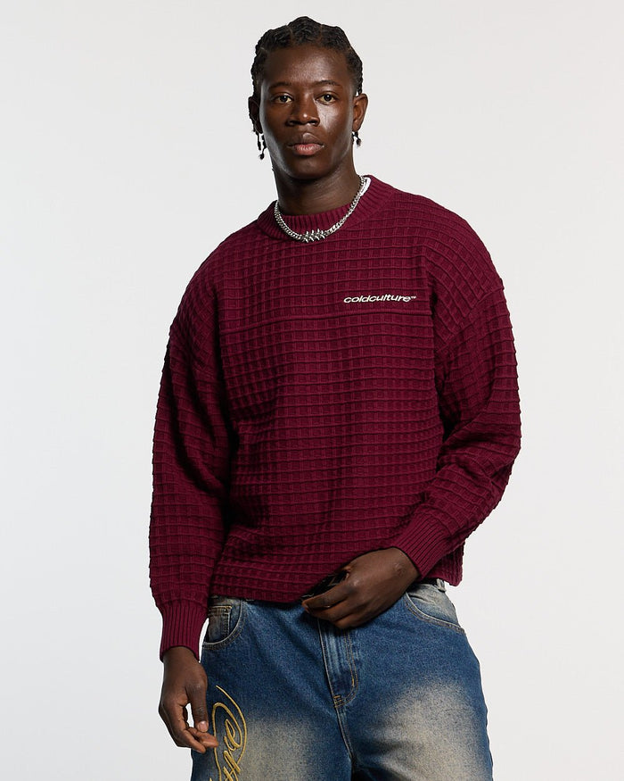 CRUNCHY WAFFLE KNIT BURGUNDY - burgundy waffle knit sweater, front view on male model - Cold Culture #man