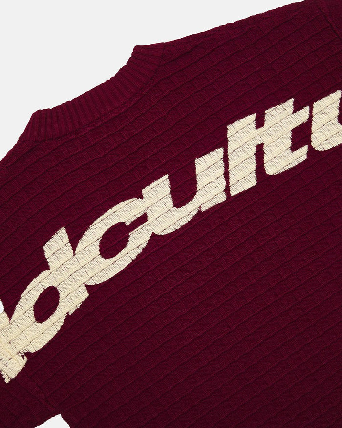 CRUNCHY WAFFLE KNIT BURGUNDY - burgundy waffle knit sweater, detail close-up - Cold Culture