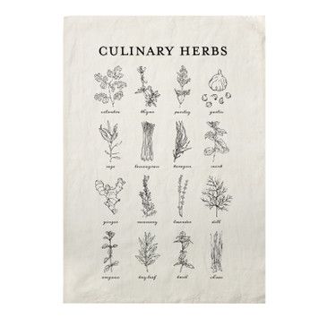 Tea towel with illustrations of culinary herbs and text on a white background