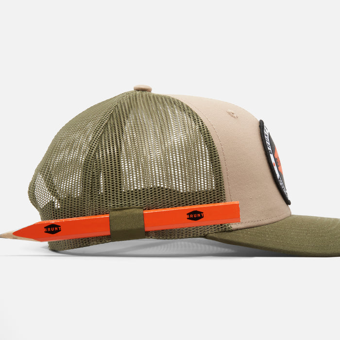 View 2 right side of BRUNT curved brim work hat with built in pencil holder and BRUNT logo in army green * 0