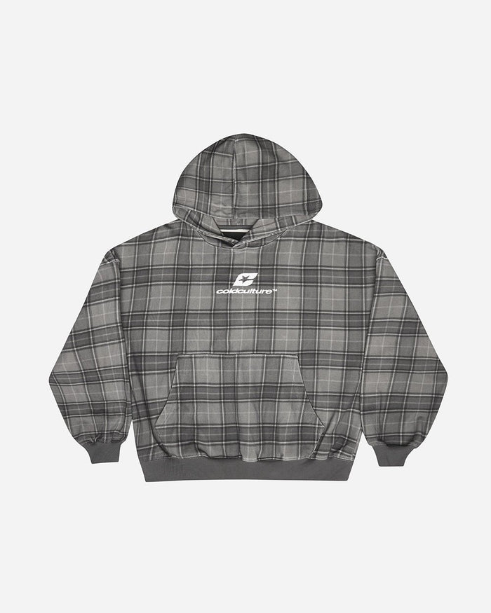 CURVED DRIFT HOODIE TARTAN - grey tartan hoodie, front view - Cold Culture