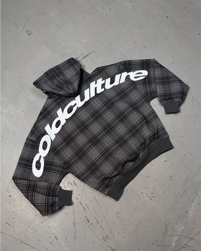 CURVED DRIFT HOODIE TARTAN - grey tartan hoodie, flat lay - Cold Culture