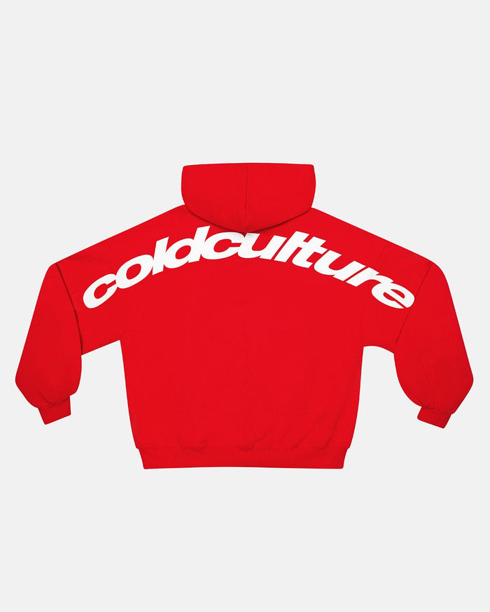CURVED HOODIE RED - red oversized hoodie, back view - Cold Culture
