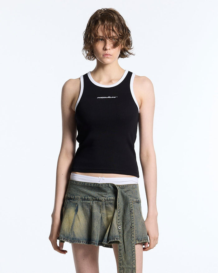 CUTE TANK TOP BLACK - black contrast trim tank top, front view on female model - Cold Culture