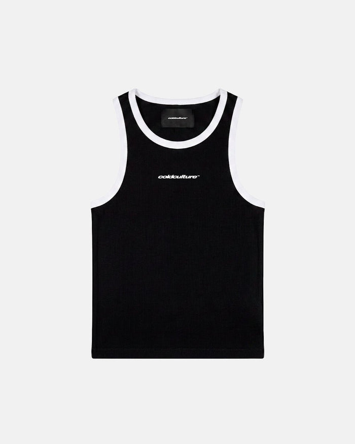 CUTE TANK TOP BLACK - black contrast trim tank top, front view - Cold Culture