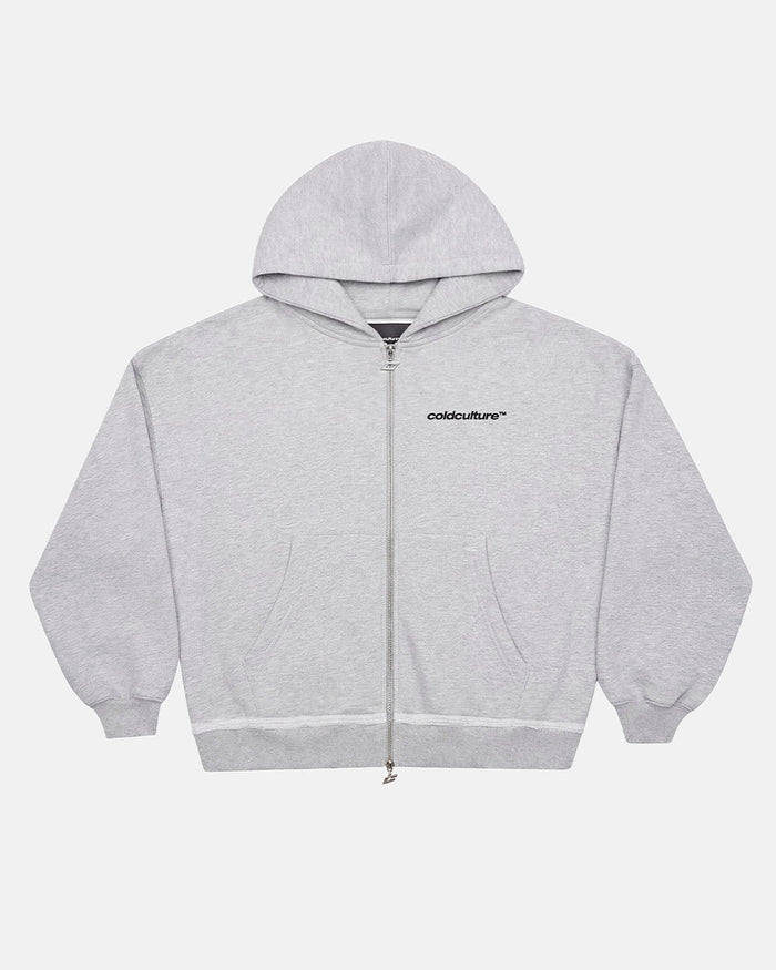 DAILY SET ZIP UP GREY MELANGE - grey melange zip-up hoodie, front view - Cold Culture