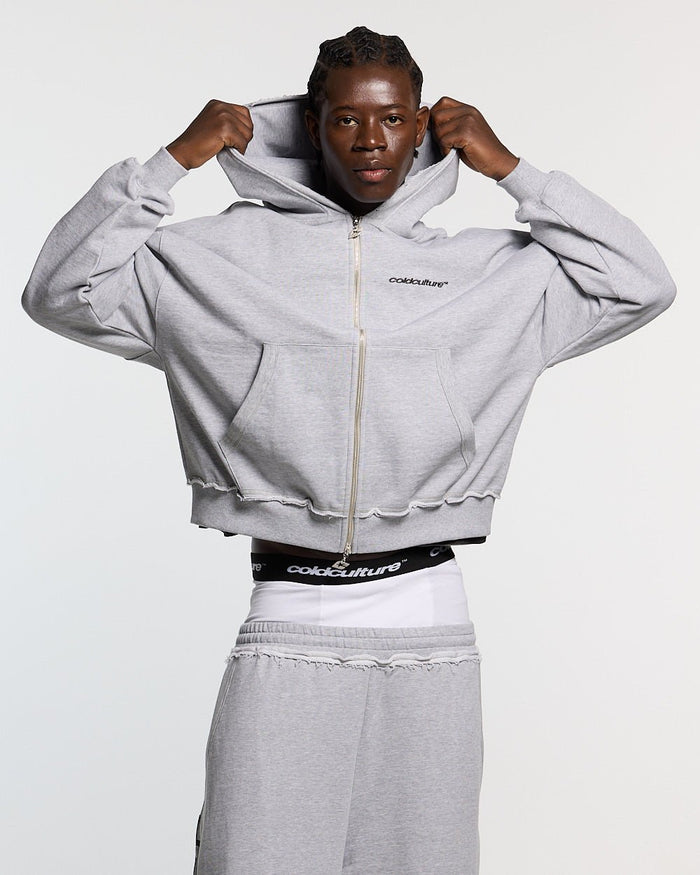 DAILY SET ZIP UP GREY MELANGE - grey melange zip-up hoodie, front view on male model - Cold Culture #man