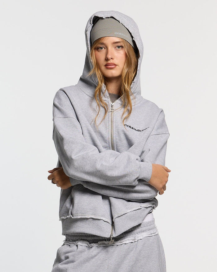 DAILY SET ZIP UP GREY MELANGE - grey melange zip-up hoodie, front view on female model - Cold Culture #woman