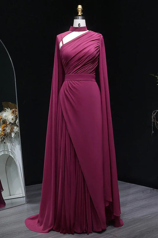 Deep Fuchsia One-Shoulder Pleated Chiffon Evening Dress with Cape Sleeves SF085 Sheer Fairy
