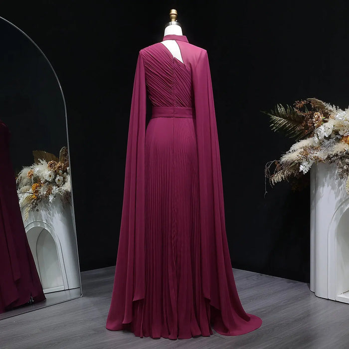 Deep Fuchsia One-Shoulder Pleated Chiffon Evening Dress with Cape Sleeves SF085 Sheer Fairy