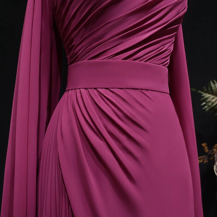 Deep Fuchsia One-Shoulder Pleated Chiffon Evening Dress with Cape Sleeves SF085 Sheer Fairy