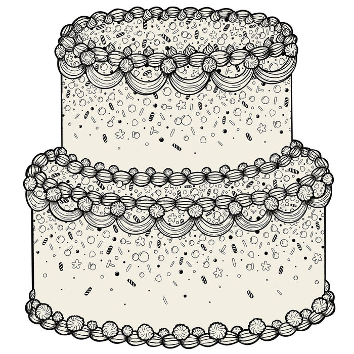 Black and white illustration of a decorative cake with intricate patterns