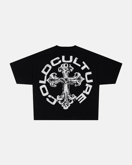 DISCHARGE TEE BLACK - black oversized graphic tee, back view - Cold Culture