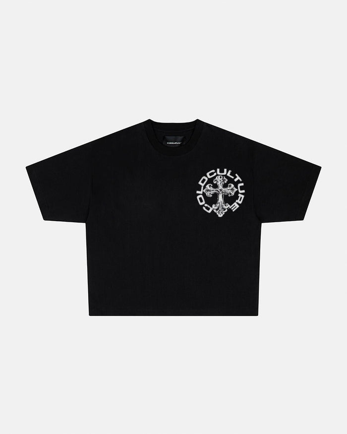 DISCHARGE TEE BLACK - black oversized graphic tee, front view - Cold Culture