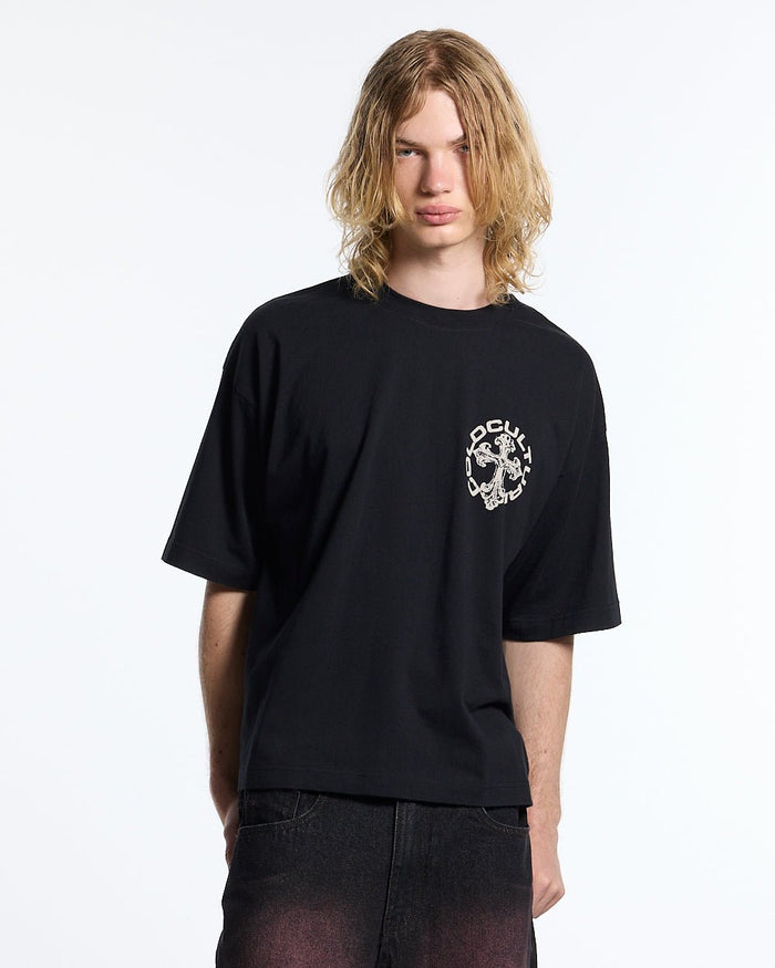 DISCHARGE TEE BLACK - black oversized graphic tee, front view on male model - Cold Culture