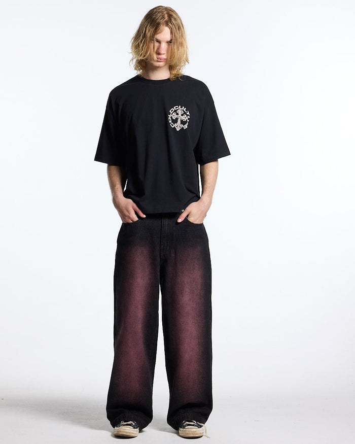 DISCHARGE TEE BLACK - black oversized graphic tee, front view on male model - Cold Culture