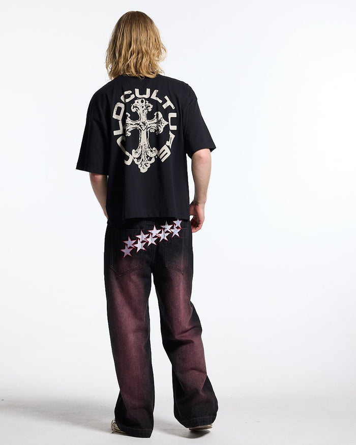 DISCHARGE TEE BLACK - black oversized graphic tee, back view on male model - Cold Culture