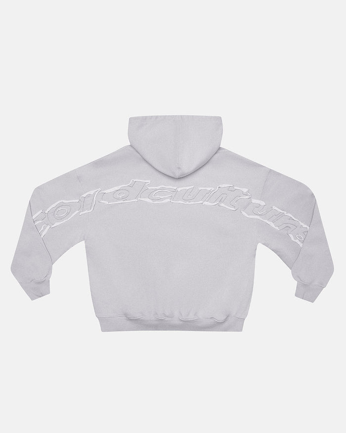 DISTRESS CURVED HOODIE LIGHT GREY - light grey distressed hoodie, back view - Cold Culture